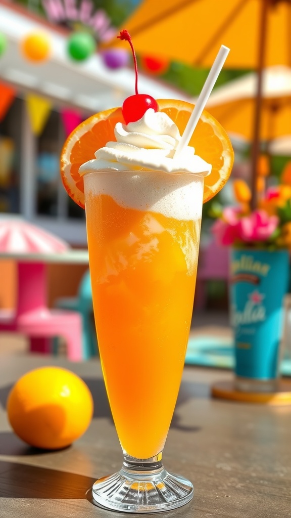 A refreshing Orange Creamsicle Vodka Float in a glass, topped with ice cream and garnished with orange and a cherry.